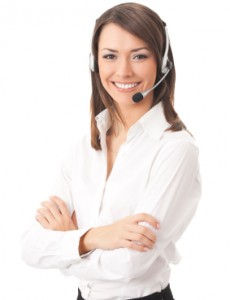 Support phone operator in headset, isolated on white